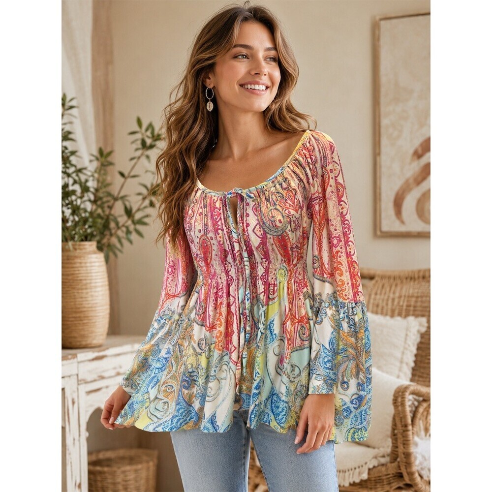 Boston Proper Blouse Womens XS Multicolor Paisley Boho Tunic Bell Sleeve - Picture 1 of 8